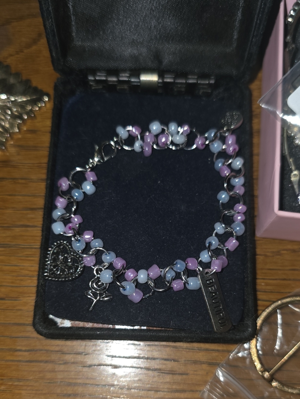 Women's Silver Charm Bracelet with Purple and Light Blue Beads